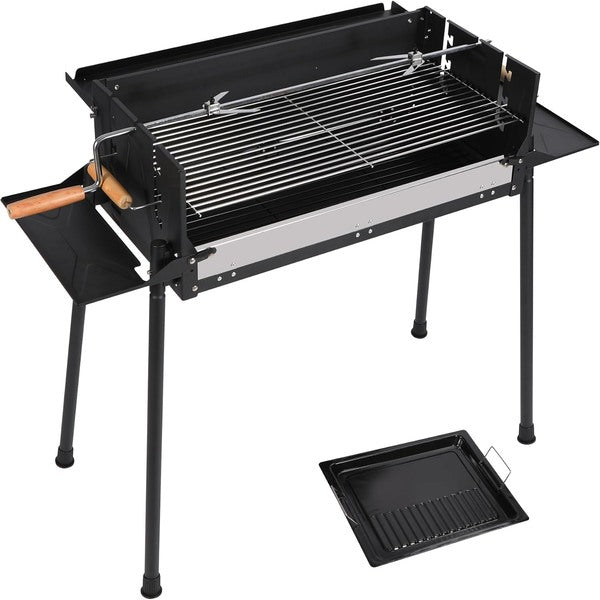Portable Charcoal Grill, Foldable BBQ Grill with Rotatable Roast Chicken Rack & Baking Pan, Camping Barbecue Kabob Grill for Picnic Backyard Party Outdoor Cooking (K-602) New Model HXB-11