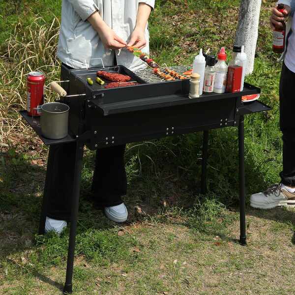 Portable Charcoal Grill, Foldable BBQ Grill with Rotatable Roast Chicken Rack & Baking Pan, Camping Barbecue Kabob Grill for Picnic Backyard Party Outdoor Cooking  (K-602) New Model HXB-11