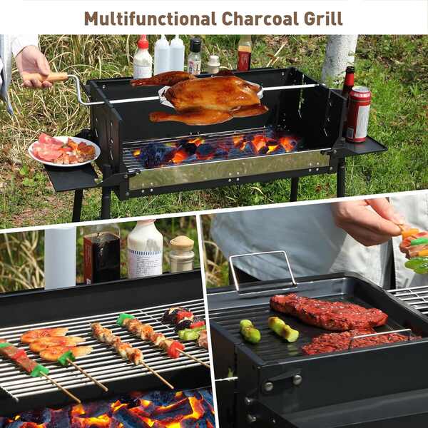 Portable Charcoal Grill, Foldable BBQ Grill with Rotatable Roast Chicken Rack & Baking Pan, Camping Barbecue Kabob Grill for Picnic Backyard Party Outdoor Cooking  (K-602) New Model HXB-11