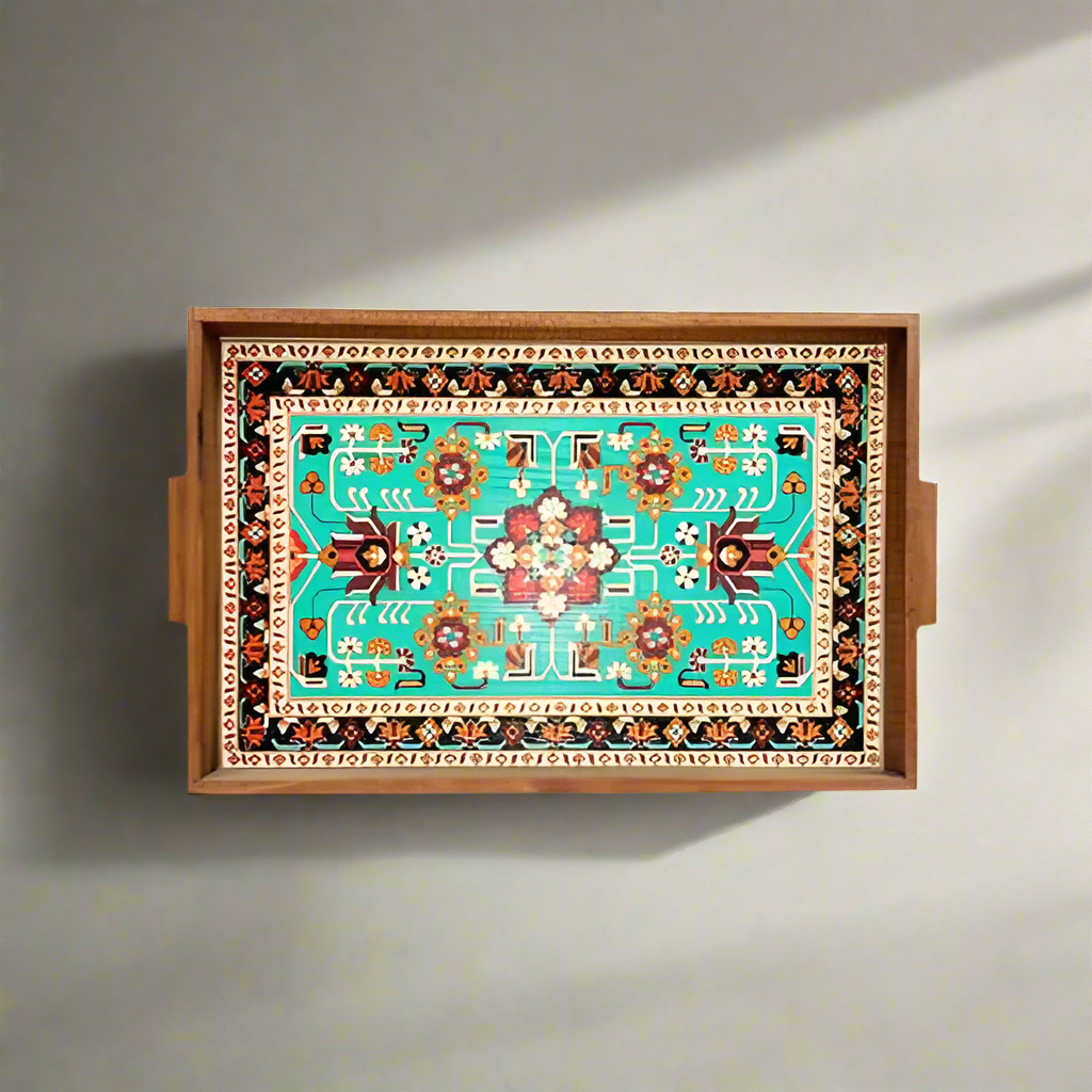 Greenish Carpet Art Wooden Tray Handle