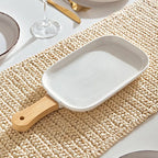 Bone China Shallow Porcelain Ceramic Plate with Bamboo Handle