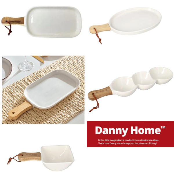 Bone China Shallow Porcelain Ceramic Plate with Bamboo Handle