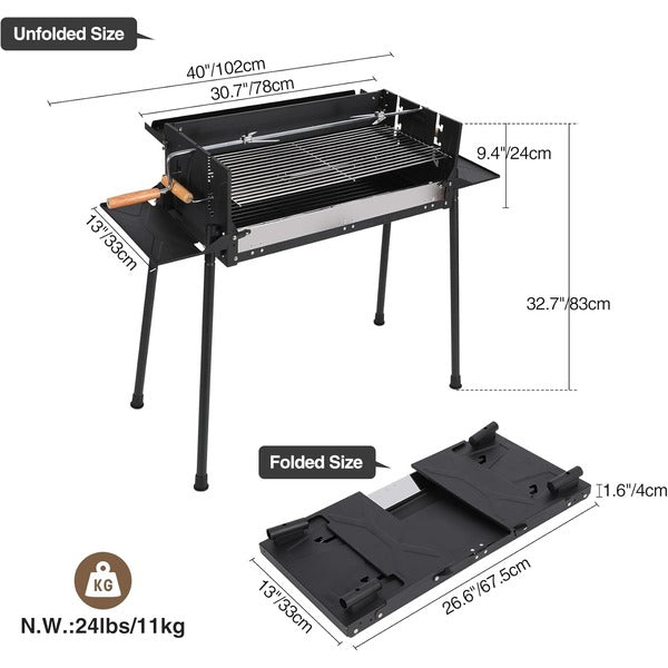 Portable Charcoal Grill, Foldable BBQ Grill with Rotatable Roast Chicken Rack & Baking Pan, Camping Barbecue Kabob Grill for Picnic Backyard Party Outdoor Cooking  (K-602) New Model HXB-11