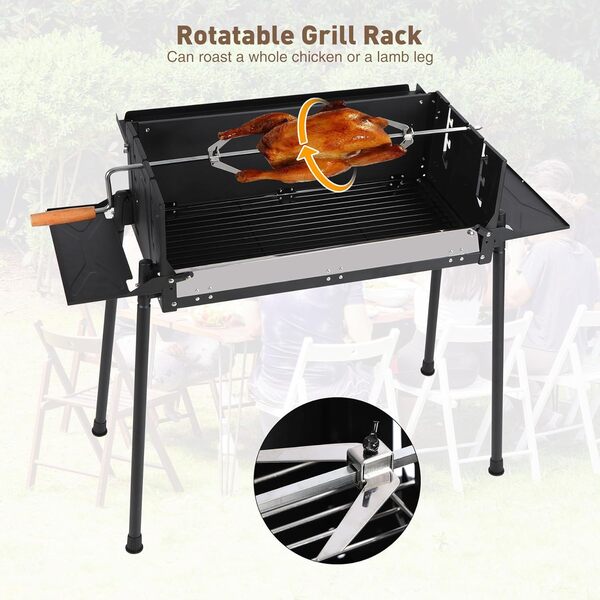 Portable Charcoal Grill, Foldable BBQ Grill with Rotatable Roast Chicken Rack & Baking Pan, Camping Barbecue Kabob Grill for Picnic Backyard Party Outdoor Cooking  (K-602) New Model HXB-11