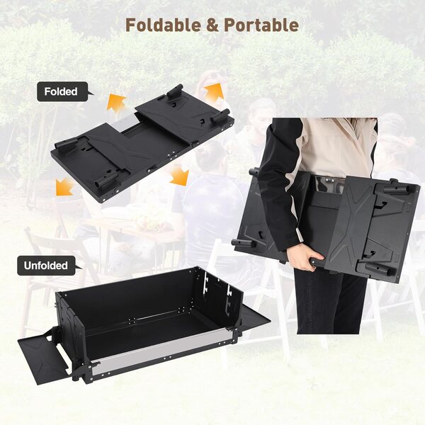 Portable Charcoal Grill, Foldable BBQ Grill with Rotatable Roast Chicken Rack & Baking Pan, Camping Barbecue Kabob Grill for Picnic Backyard Party Outdoor Cooking  (K-602) New Model HXB-11