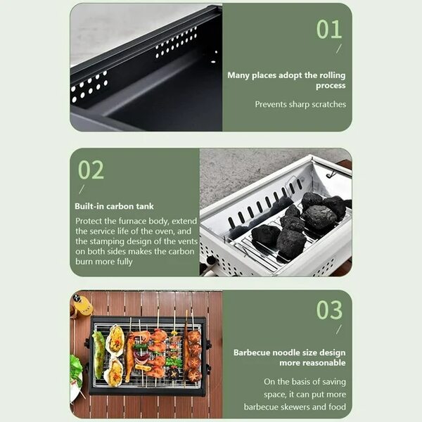 BBQ Barbecue Grill, Portable Charcoal Grill For Outdoor, Built-in Charcoal Tank Stainless Steel BBQ Tabletop Barbeque Grill With Air Vent For Courtyard Garden (CA-27) H-Basket (B) 43x29x22 HXB-17