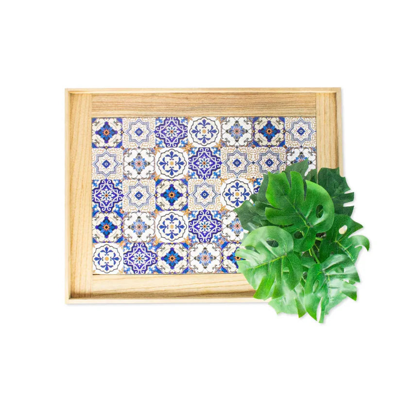 Blue Pottery Folding Wooden Serving Stand Table