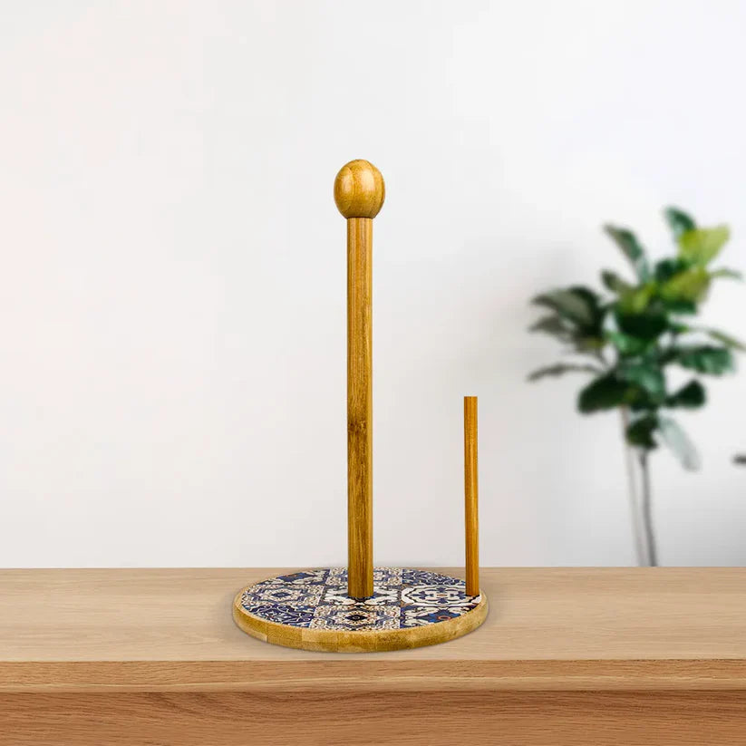 Blue Pottery Wooden Tissue Roll Holder Stand