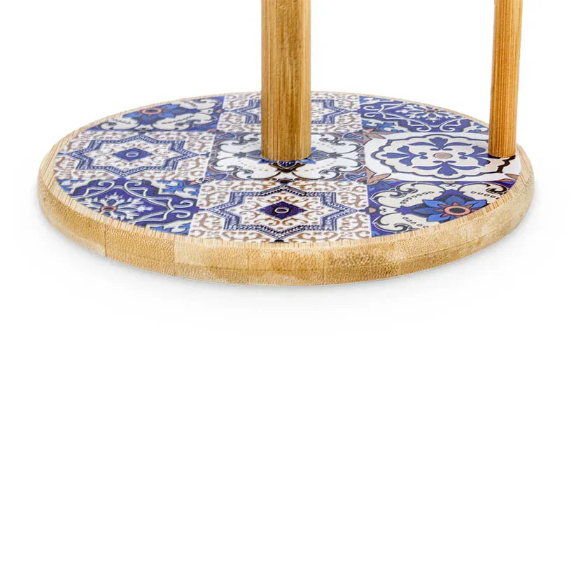 Blue Pottery Wooden Tissue Roll Holder Stand