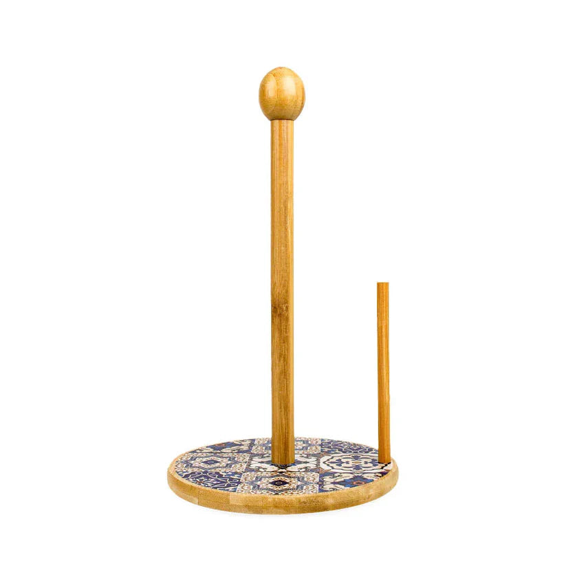 Blue Pottery Wooden Tissue Roll Holder Stand